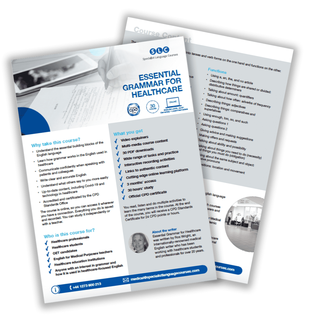 Medical Grammar for Healthcare professionals course 30 hours SLC