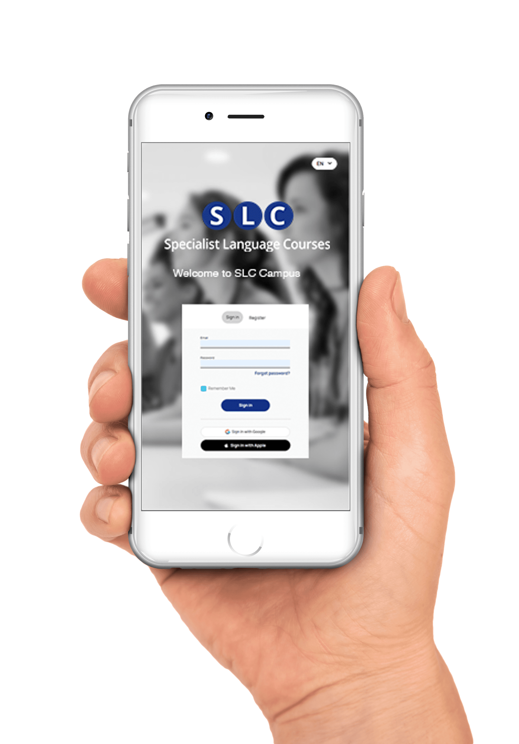 Person holding phone with SLC mobile version of campus