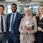 Diverse professionals in modern office setting