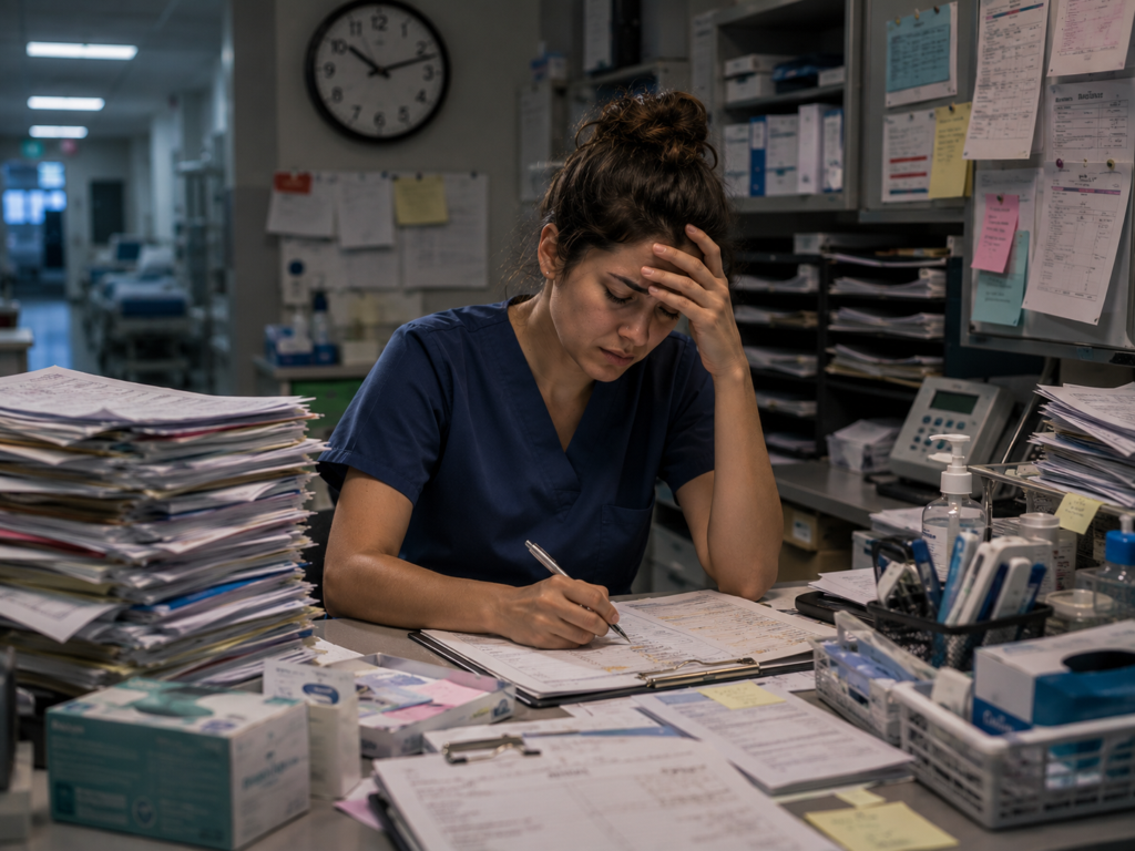 Nurse in busy hospital station