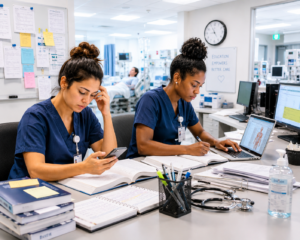Nurses studying in a modern hospital