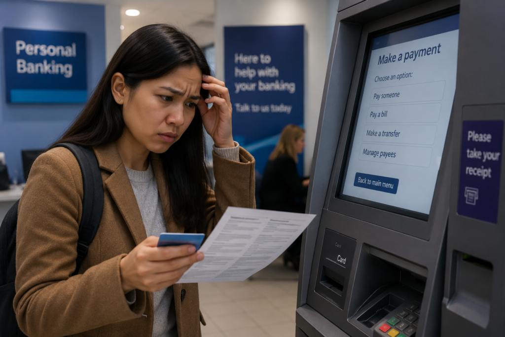 Confused at the bank kiosk