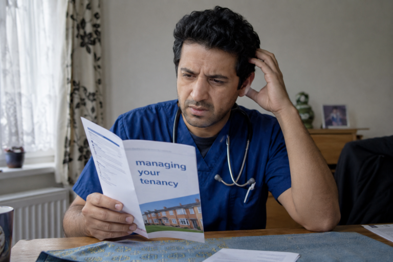 Doctor reading tenancy brochure at home