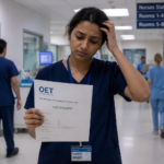 Nurse reviews OET results in hospital corridor
