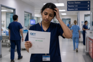 Nurse reviews OET results in hospital corridor