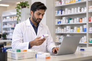 Pharmacist Reviewing Medication at Counter