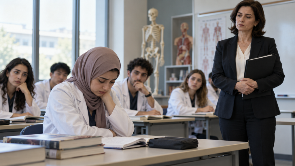 Student in class with mean teacher