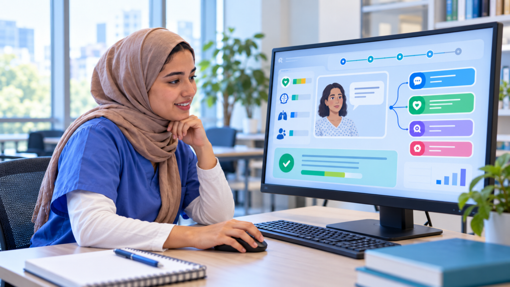 healthcare learner using an AI-generated game on a desktop