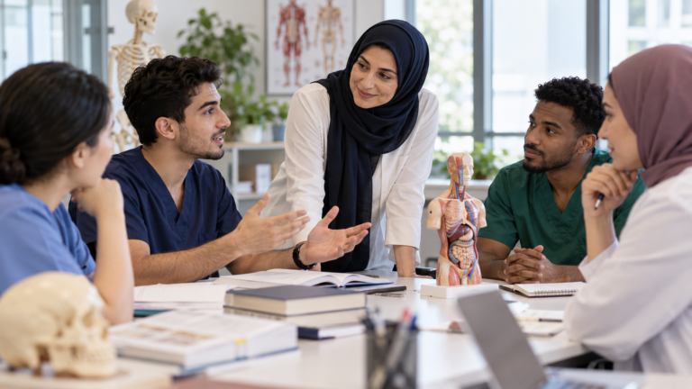 healthcare professionals studying