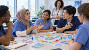healthcare students using a board game and role-play to practise clinical communication